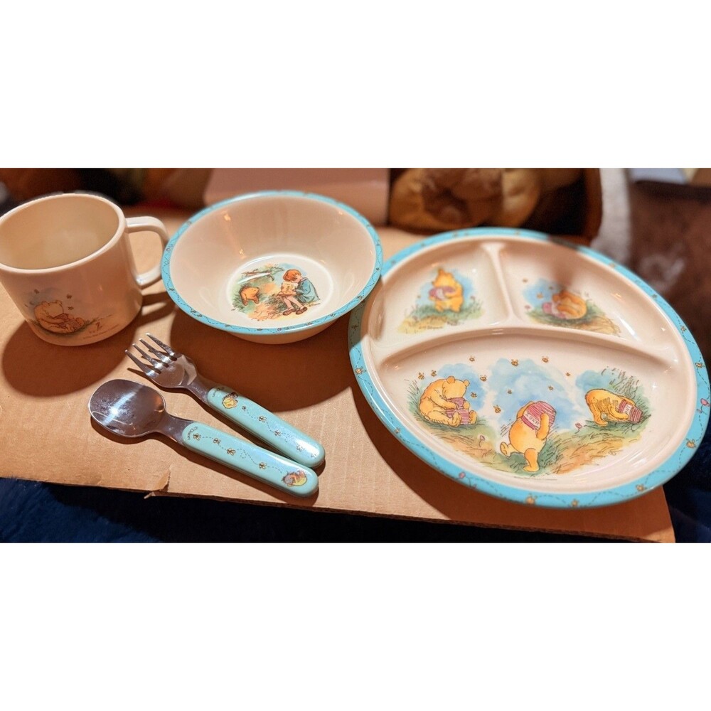 Vintage Winnie The Pooh Selandia RARE 5 Piece Set: Plate Bowl Cup Fork Spoon